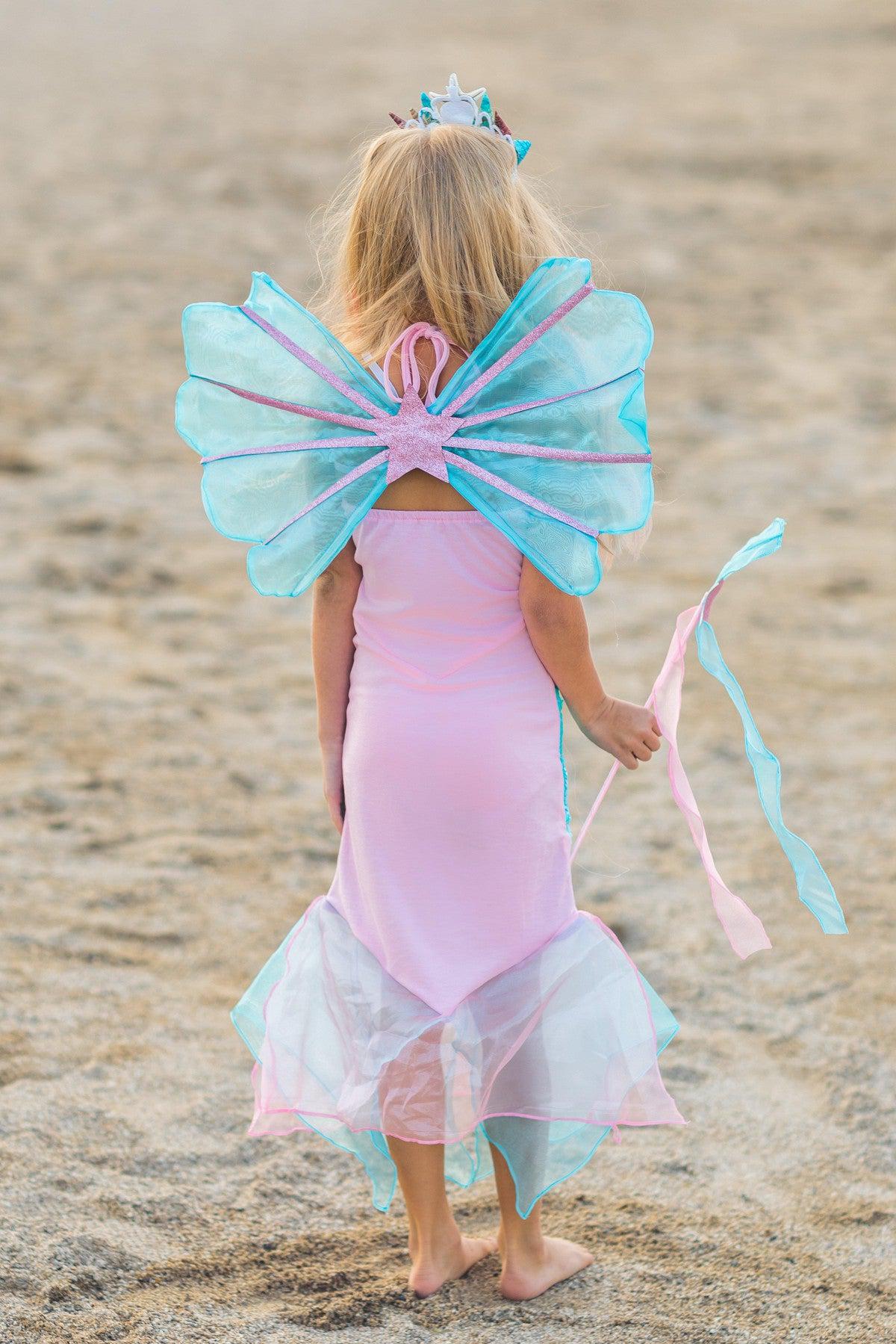 Deluxe Mermaid Costume - 4 Piece Complete Set! - XXS-12-18 Months - Pink and turquoise mermaid costume with sheer tail fin, large blue butterfly wings, and matching headband on child.