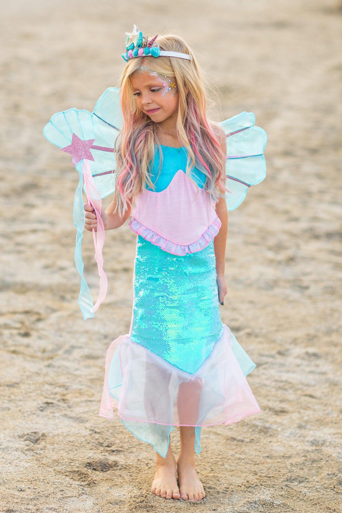 Deluxe Mermaid Costume - 4 Piece Complete Set! - XXS-12-18 Months - Blue and pink mermaid costume for girls with shell top, turquoise iridescent tail, wings, crown, and star wand.