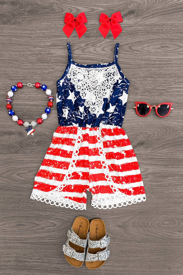 Distressed Stars & Stripes Romper - Sparkle in Pink