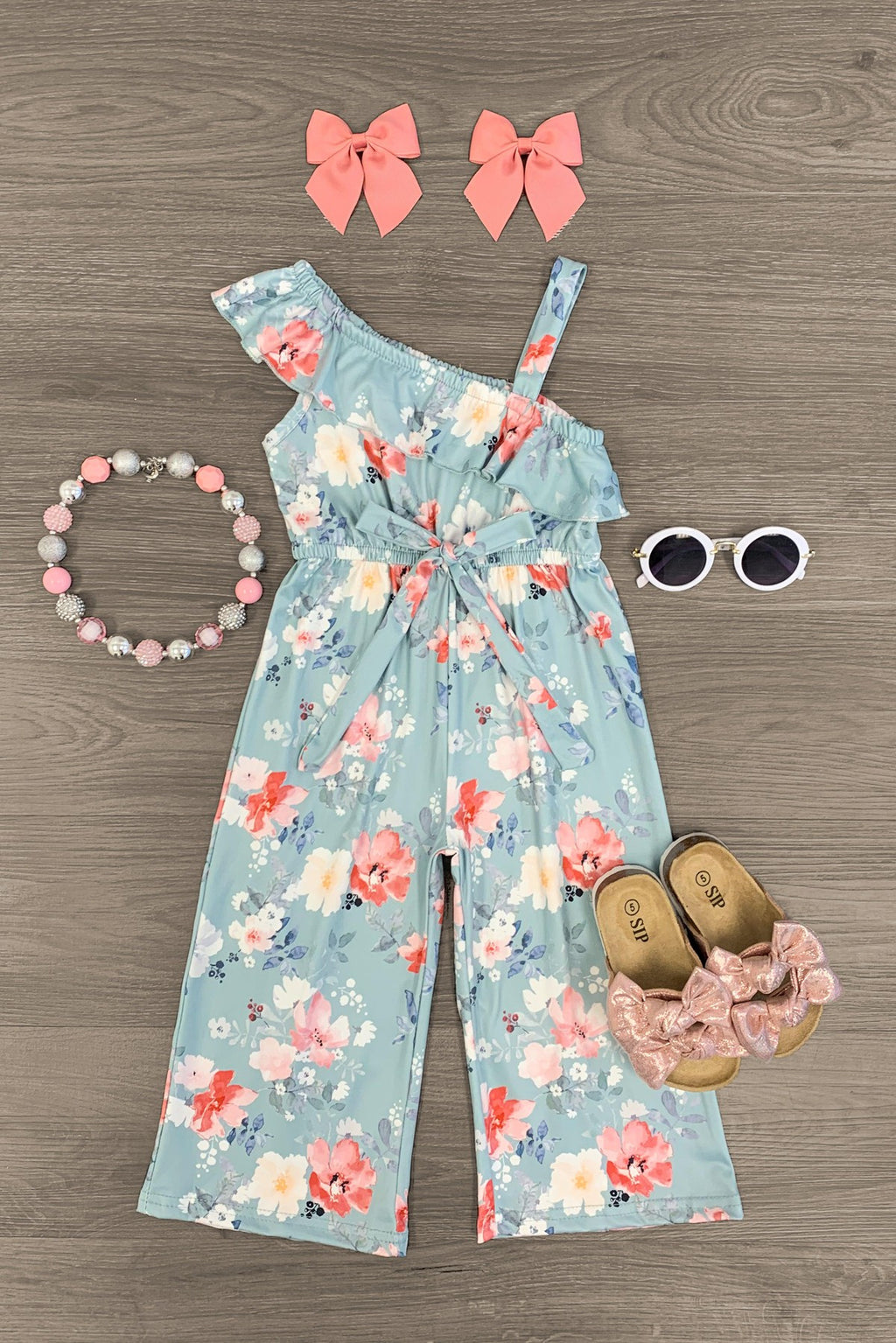 Light Blue One Shoulder Floral Jumpsuit - Sparkle in Pink