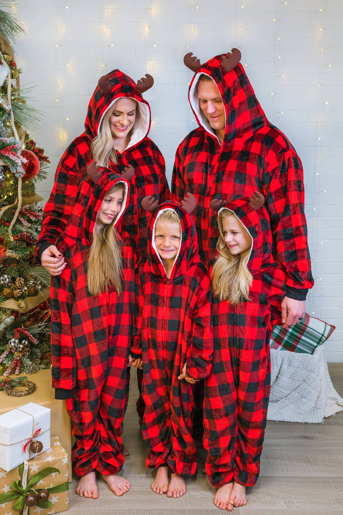 Family Buffalo Plaid Onesie Pajamas - AND PET BANDANA! - PET-Bandana-FAMILY - Matching family buffalo plaid onesie pajamas with hoods and animal ears, red and black checkered pattern.