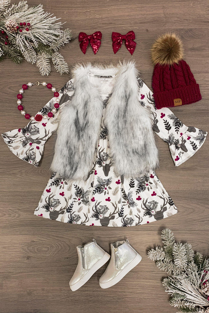 Floral Deer Bell Sleeve Dress - 3XS-6-12 Months - White floral bell sleeve dress with pink and gray flowers, paired with gray faux fur vest, cream boots, burgundy beanie with .