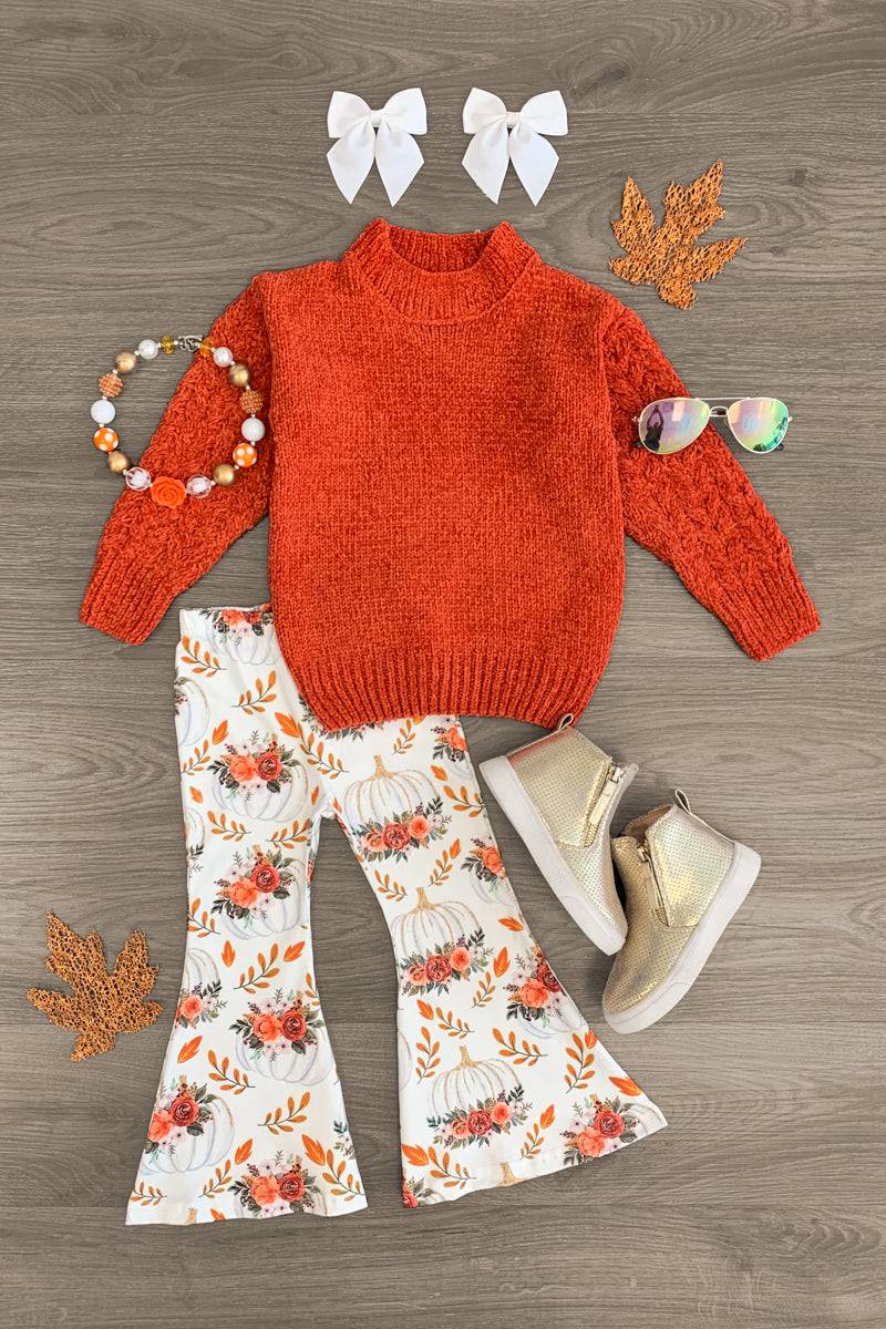 Floral Pumpkin Sweater Bell Bottom Set - Sparkle in Pink