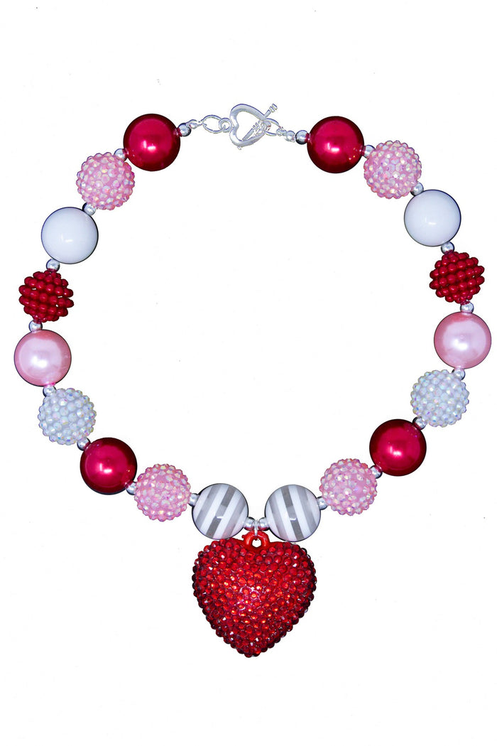 Follow Your Heart Bubblegum Necklace - Default Title - Red heart-shaped pendant necklace with mixed pink, white, and red textured beads on silver chain.