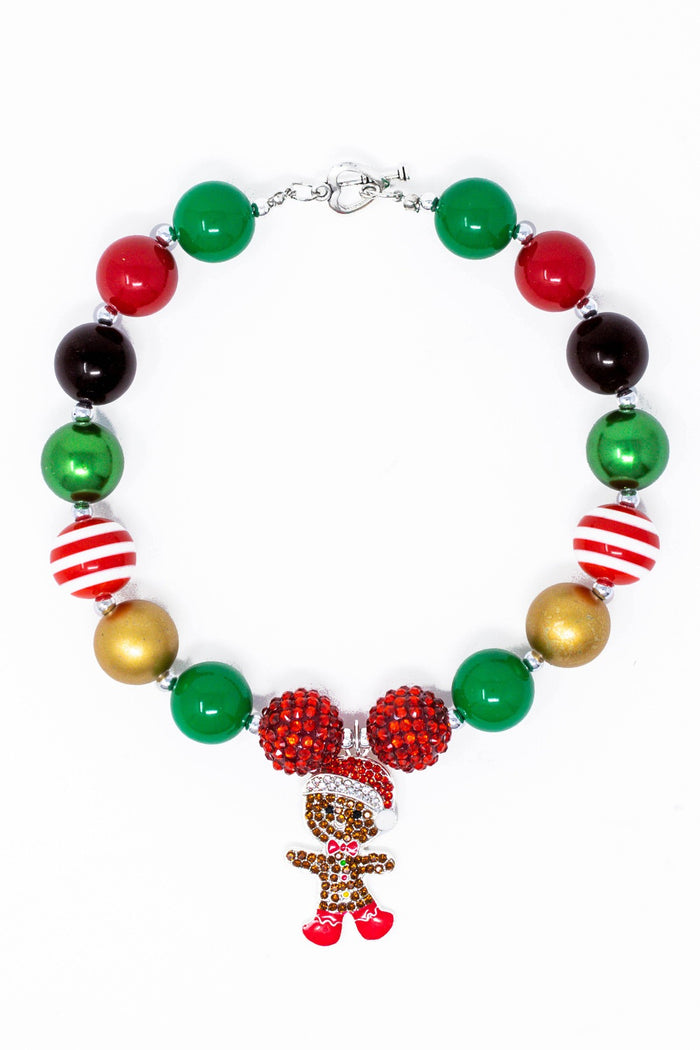 Gingerbread Man Bubblegum Necklace - Default Title - Colorful beaded necklace with red, green, black, gold beads and gingerbread man pendant with red bow.
