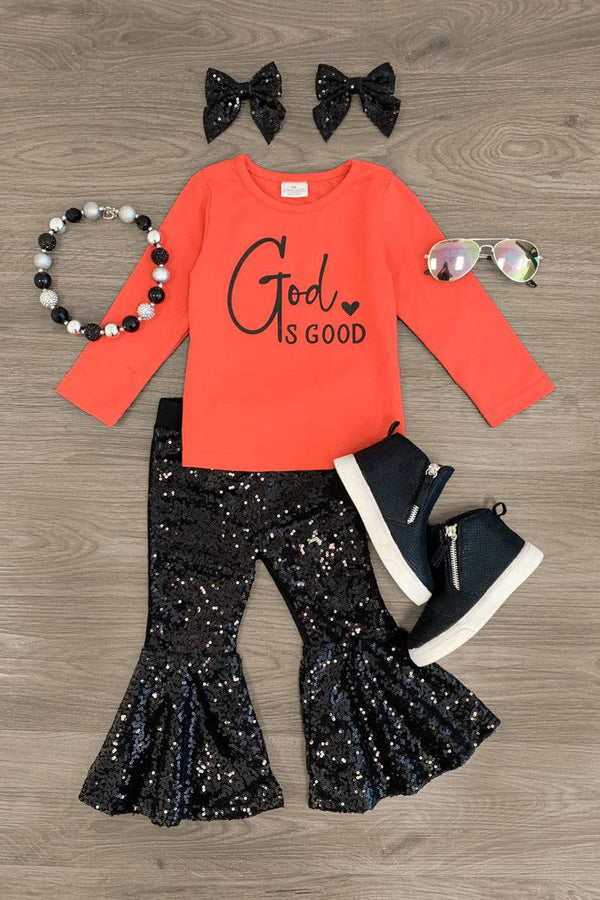 "God Is Good" Sequin Bell Bottom Set - Sparkle in Pink