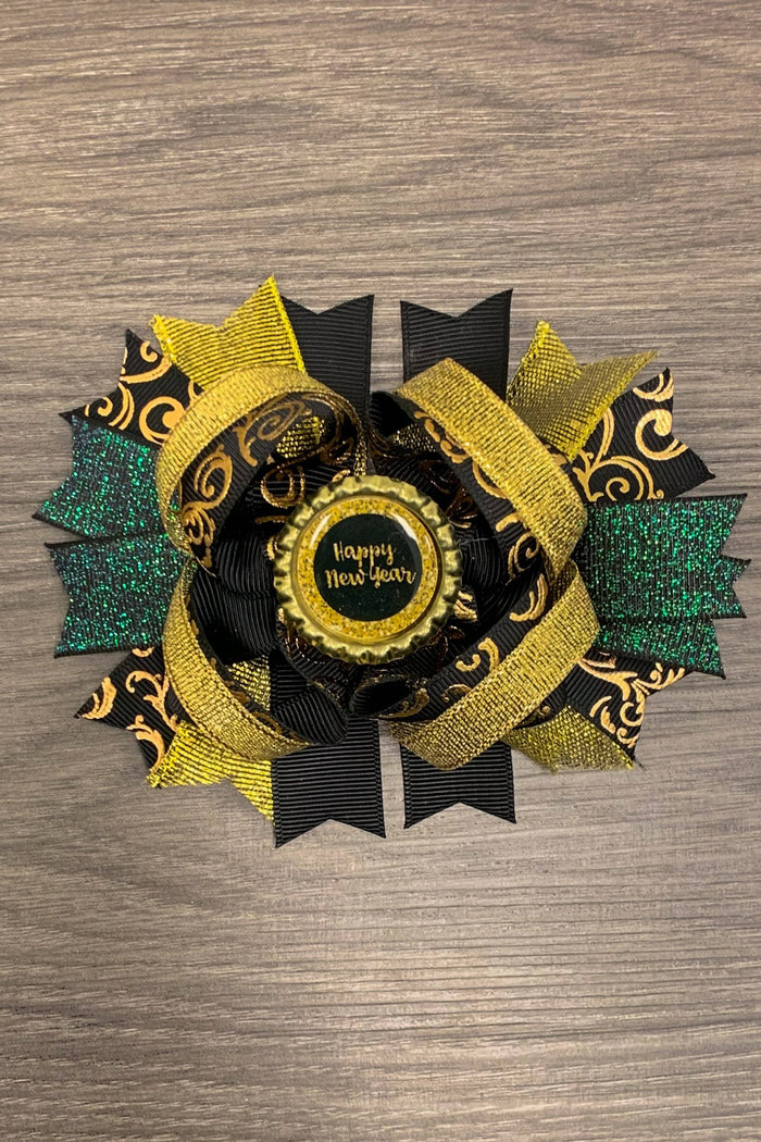 Gold & Black "Happy New Year" Bow - Default Title - Black and gold layered bow with glitter accents and "Happy New Year" center emblem.
