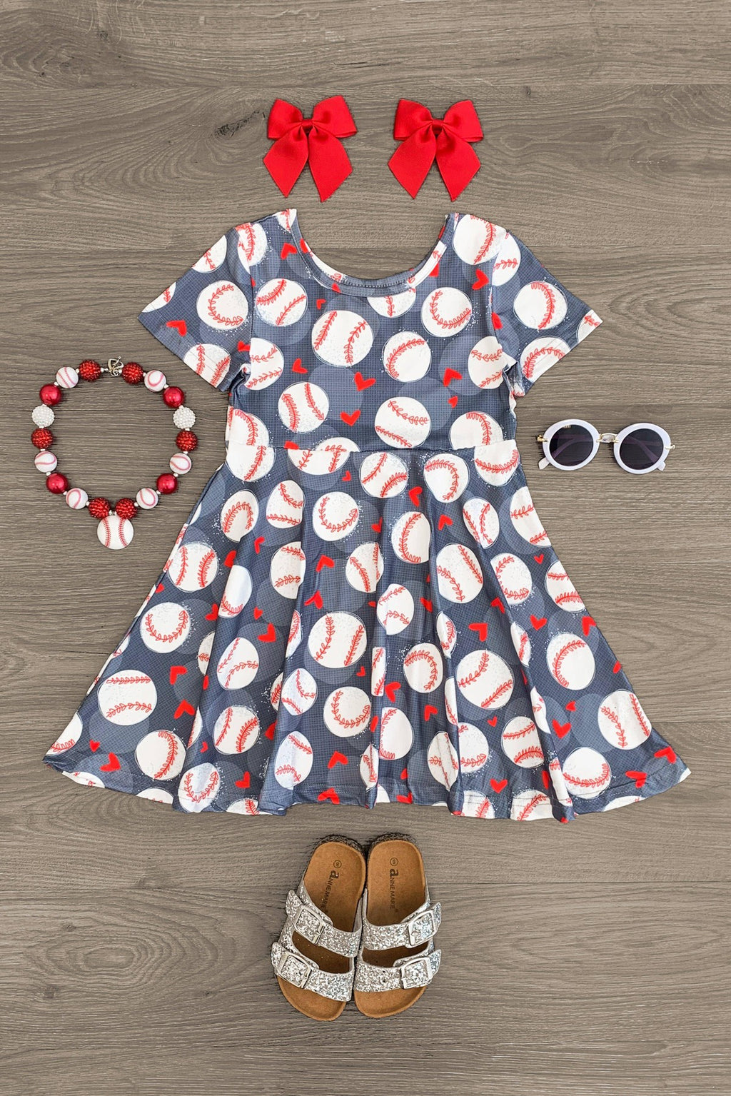 Gray Baseball Hearts Dress - Sparkle in Pink