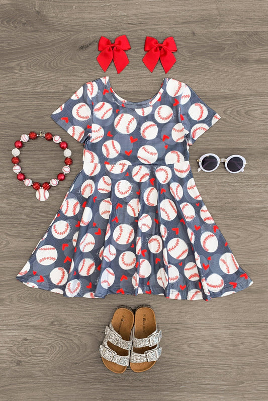 Gray Baseball Hearts Dress - Sparkle in Pink