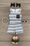 Gray & White Striped Black Sequin Romper - Sparkle in Pink