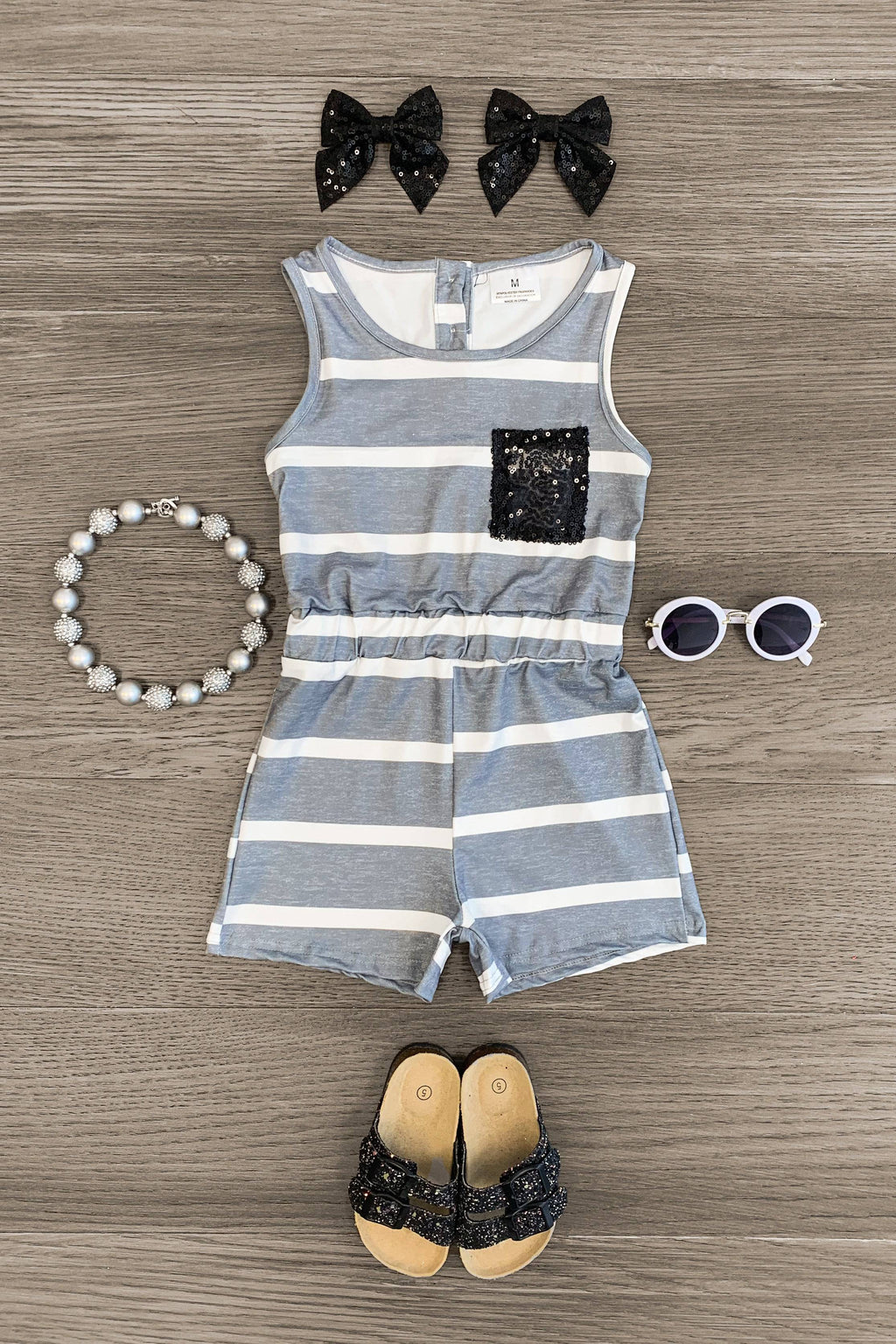 Gray & White Striped Black Sequin Romper - Sparkle in Pink