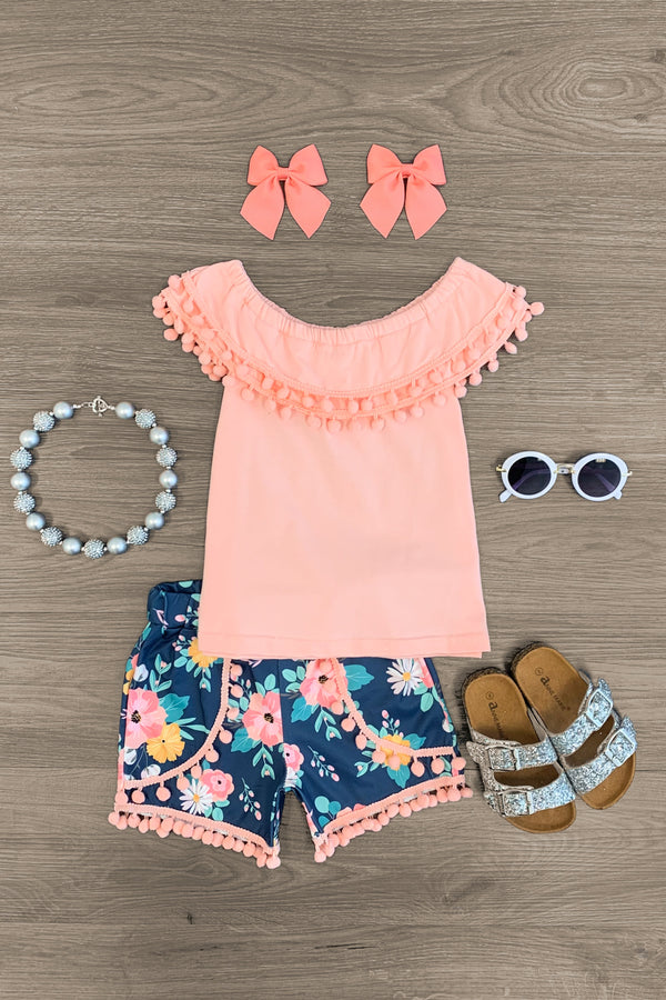 Hawaiian Floral Pom Pom Short Set - Sparkle in Pink