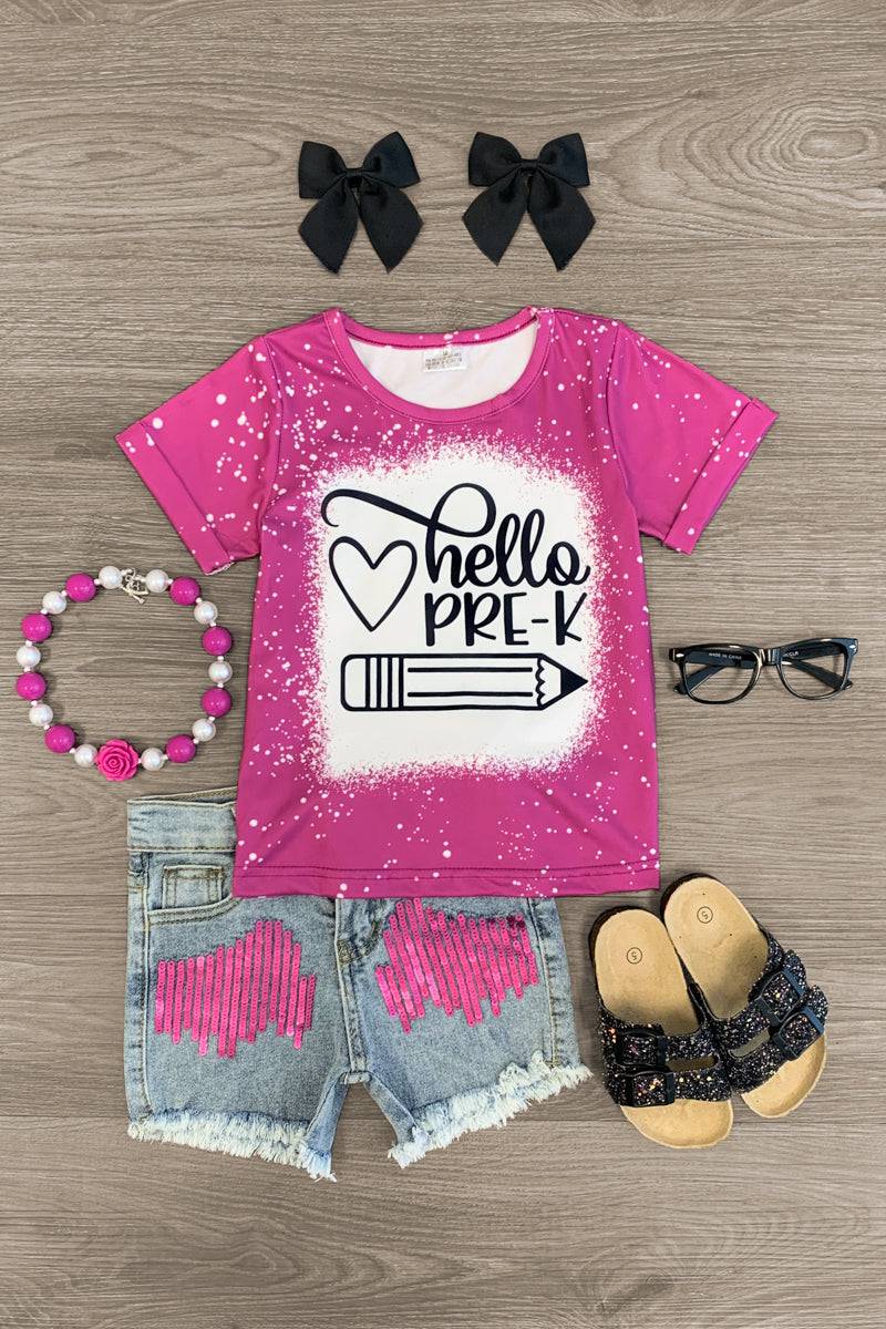 "Hello Pre-K - 6th Grade" Denim Short Set - Sparkle in Pink