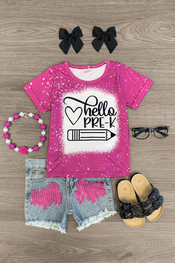 "Hello Pre-K - 6th Grade" Denim Short Set - Sparkle in Pink