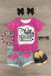 "Hello Pre-K - 6th Grade" Denim Short Set - Sparkle in Pink