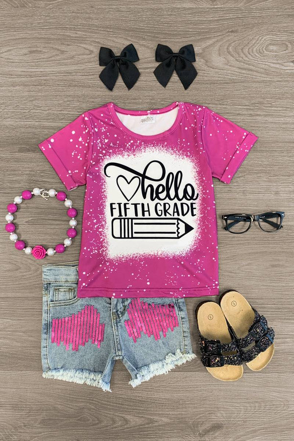 "Hello Pre-K - 6th Grade" Denim Short Set - Sparkle in Pink