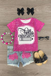 "Hello Pre-K - 6th Grade" Denim Short Set - Sparkle in Pink