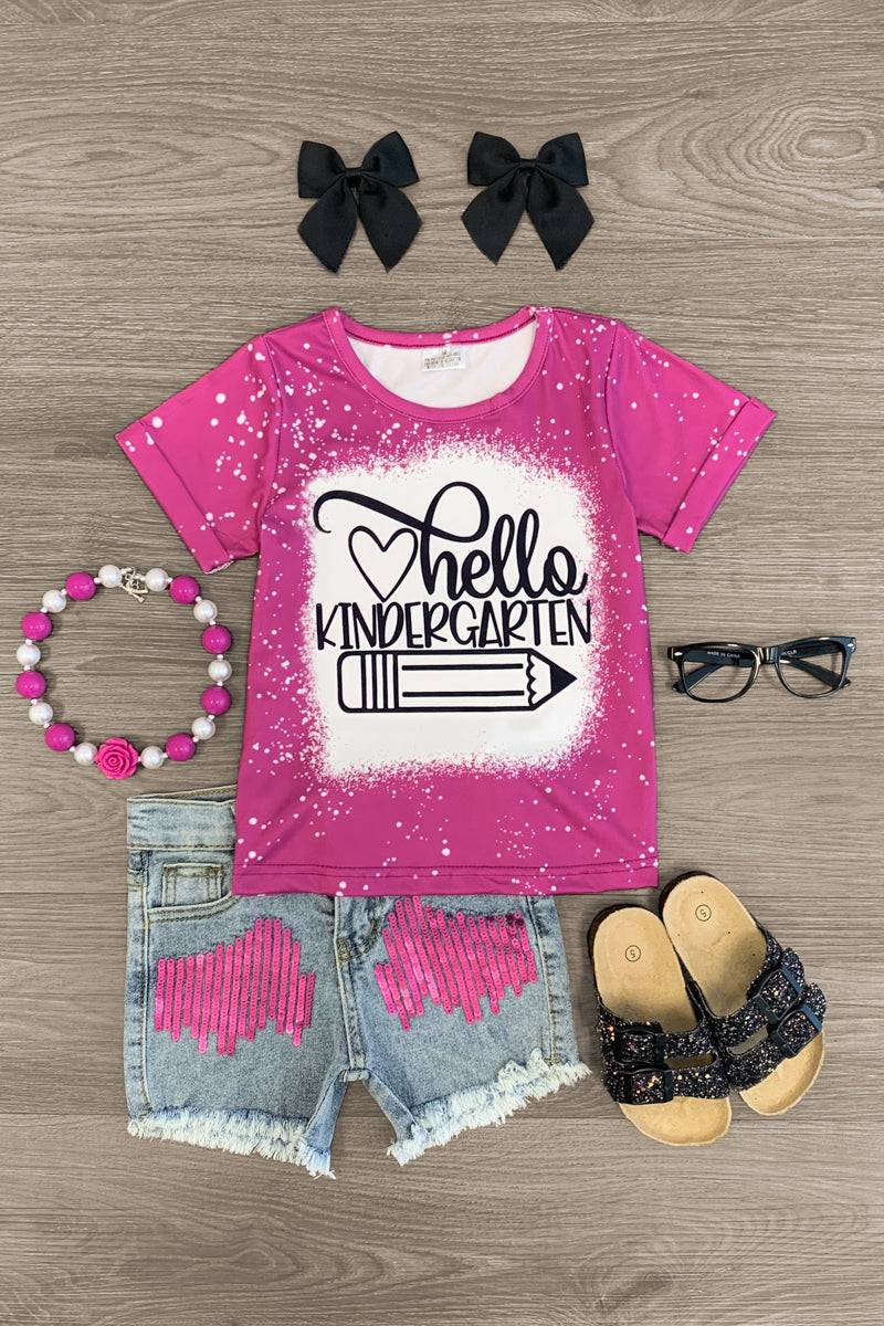 "Hello Pre-K - 6th Grade" Denim Short Set - Sparkle in Pink