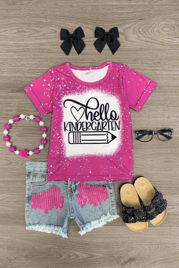 "Hello Pre-K - 6th Grade" Denim Short Set - Sparkle in Pink