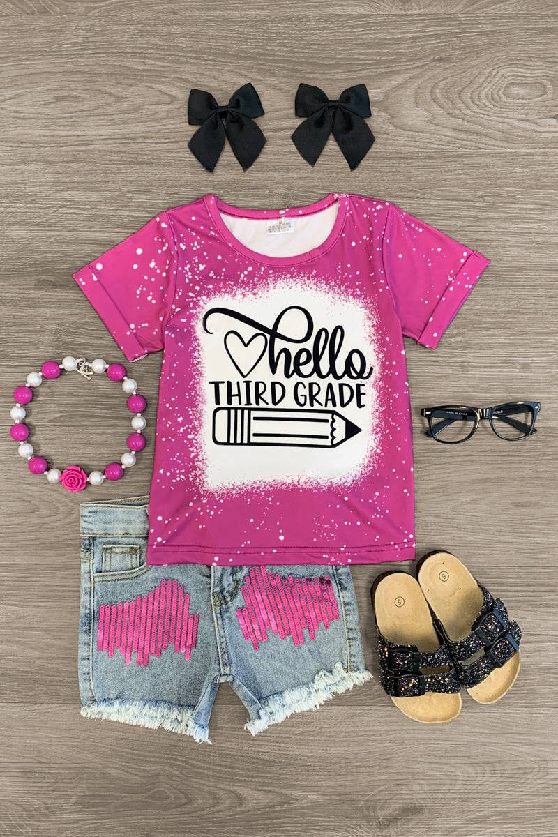 "Hello Pre-K - 6th Grade" Denim Short Set - Sparkle in Pink