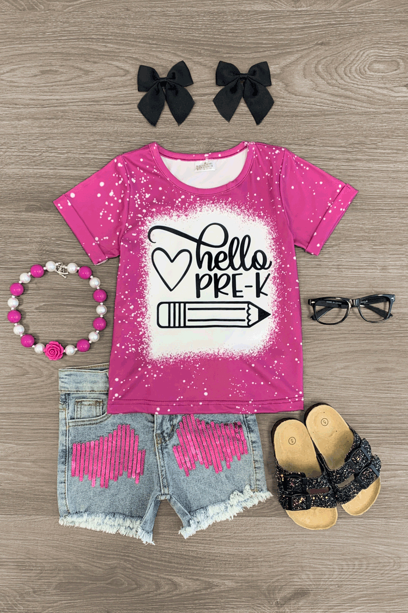 "Hello Pre-K - 6th Grade" Denim Short Set - Sparkle in Pink