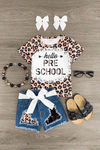 "Hello Preschool - 6th Grade" Cheetah Denim Short Set - Sparkle in Pink