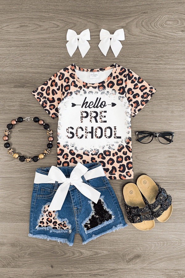 "Hello Preschool - 6th Grade" Cheetah Denim Short Set - Sparkle in Pink