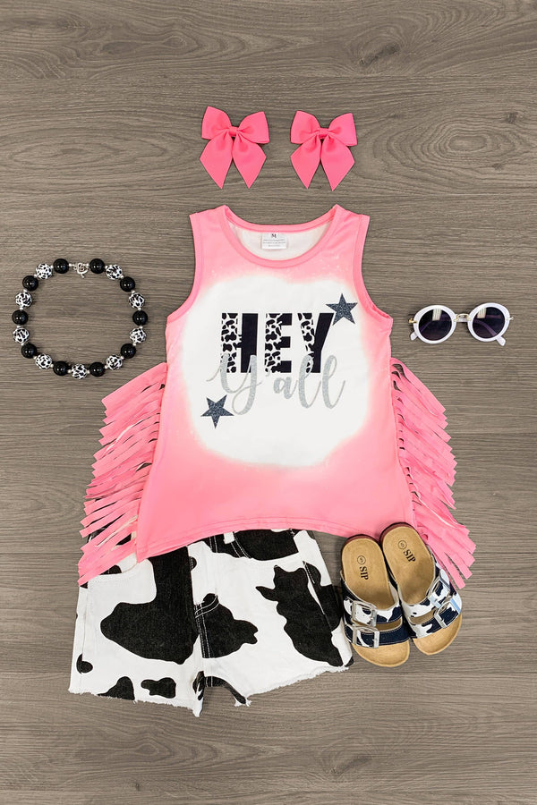 "Hey Y'all" Pink Cow Distressed Short Set - Sparkle in Pink