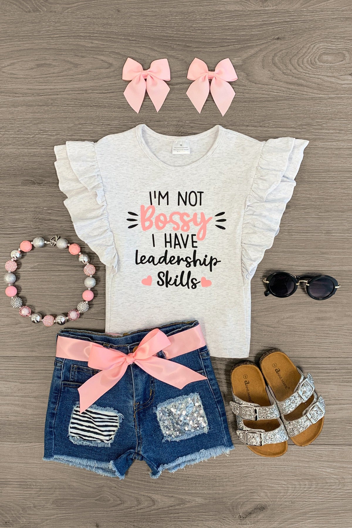 "I'm Not Bossy I Have Leadership Skills" Denim Short Set - Sparkle in Pink