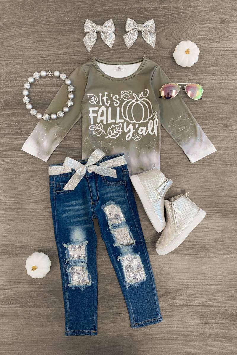 "It's Fall Y'All" Green & Silver Denim Pant Set - Sparkle in Pink