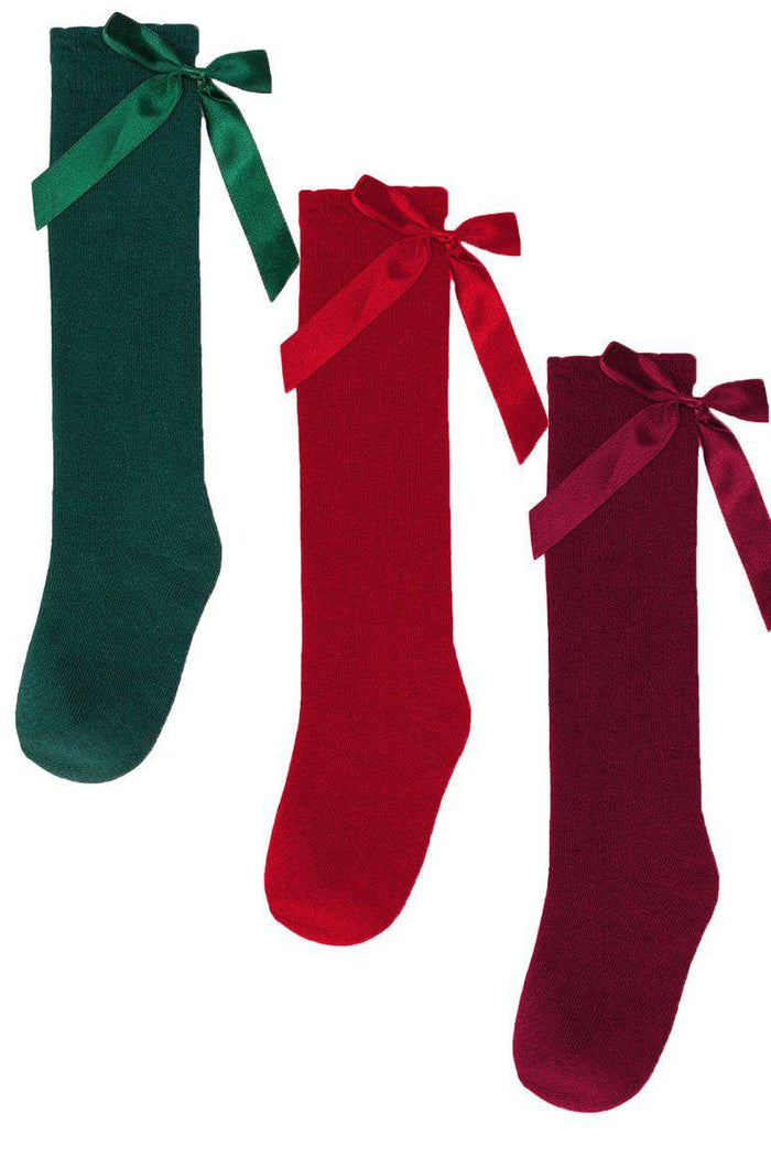 Knee High Bow Socks - Burgundy - Knee-high socks in green, red, and burgundy each with a large matching bow at the top.