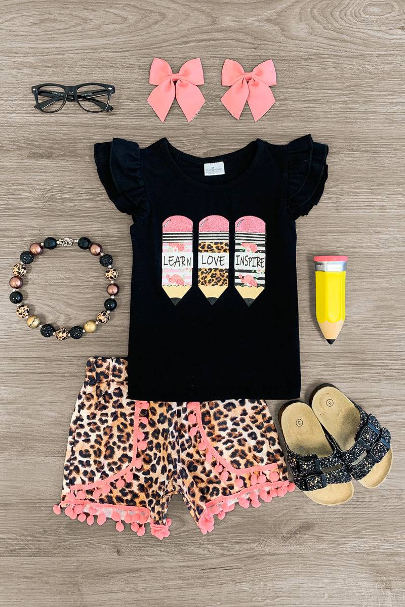 "Learn, Love, Inspire" Cheetah Pom Pom Short Set - Sparkle in Pink