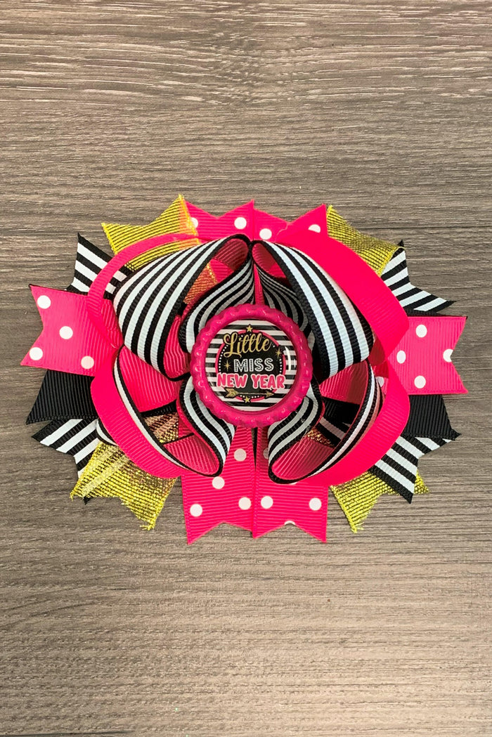 "Little Miss New Year" Bow - Default Title - Layered hair bow with pink polka dots, black and white stripes, gold accents, and "Little Miss New Year" centerpiece.