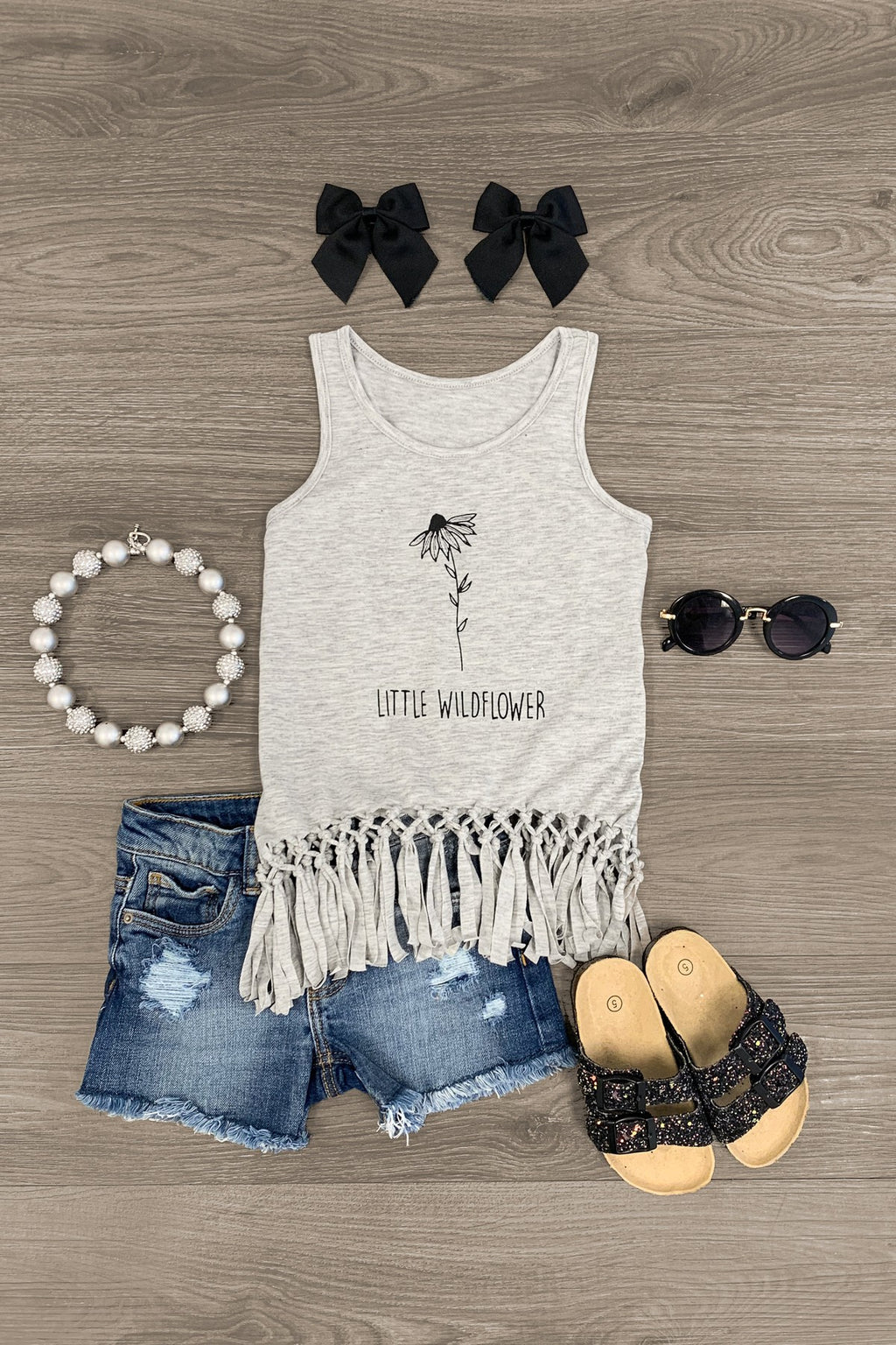 Mom & Me - "Wildflower" Gray Fringe Top - Sparkle in Pink
