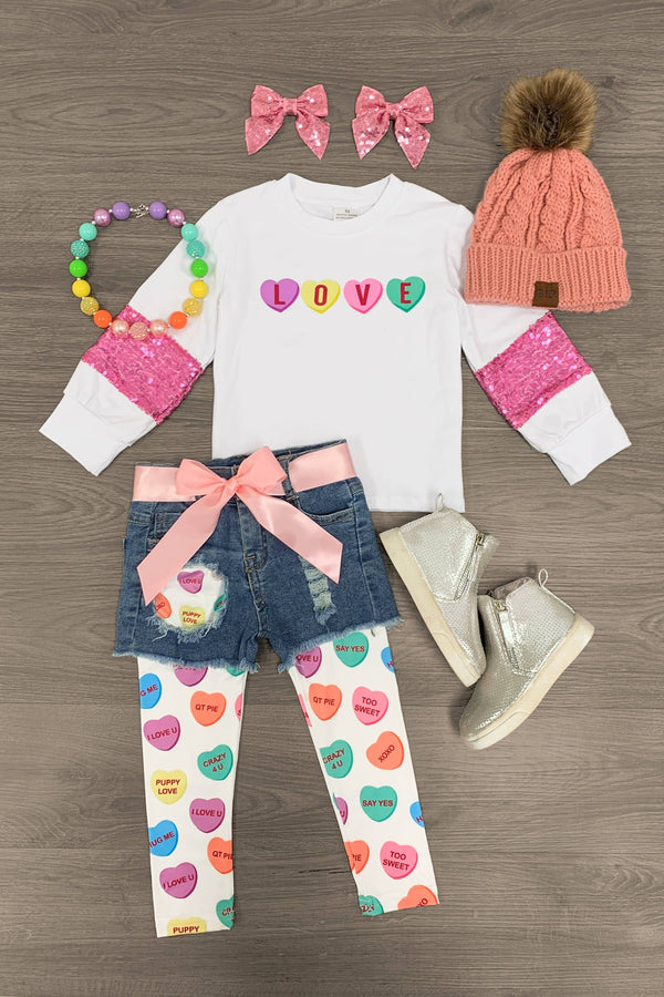 "Love" Candy Heart Legging & Denim Short Set - Sparkle in Pink