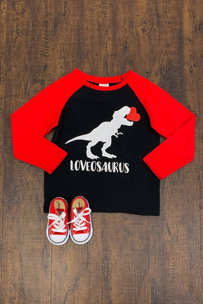 "Loveosaurus" Shirt - 3XS-6-12 Months - Black and red raglan toddler shirt with white and red T-Rex graphic and "LOVEOSAURUS" text, paired with red and white.