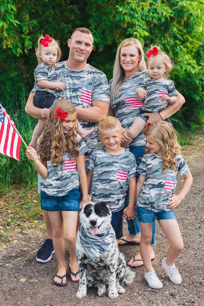 Matching Family & Pet Tops- Camo/Flag Pocket - PET-Bandana-FAMILY - Family wearing matching gray camo tops with American flag pocket, accompanied by dog in camo bandana.