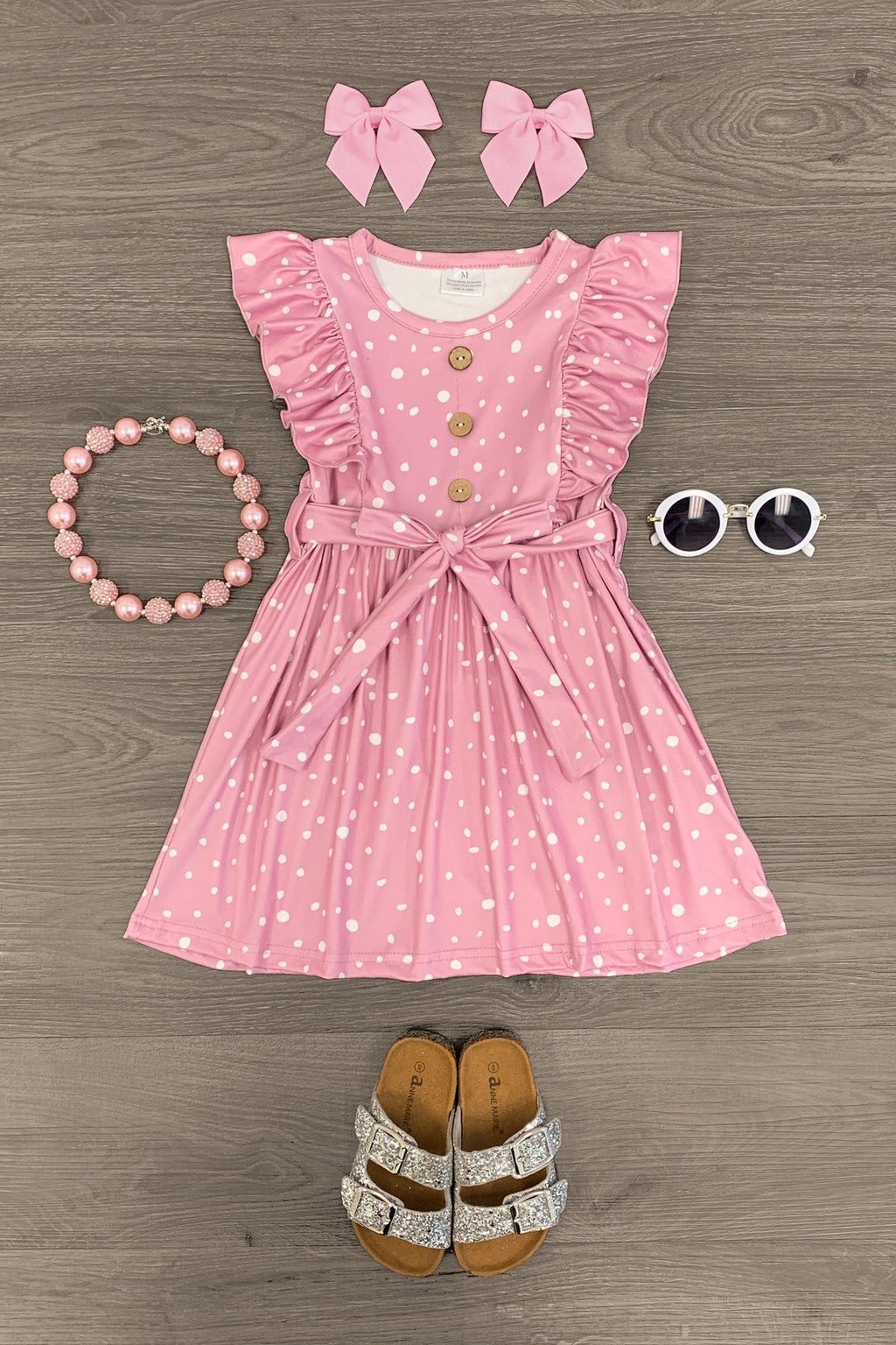 Mauve Polka Dot Tie Ruffle Dress - Sparkle in Pink