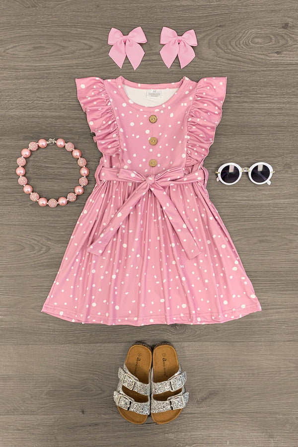 Mauve Polka Dot Tie Ruffle Dress - Sparkle in Pink
