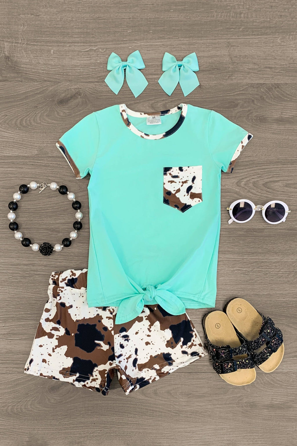 Mint Cow Print Short Set - Sparkle in Pink