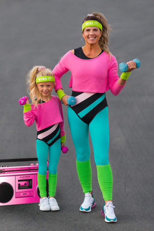 Mom & Me - '80s Workout Costume - COMPLETE SET! - CHILD-2XS-12-18 Months - Matching mom and child '80s workout costumes with neon pink tops, teal leggings, black geometric accents, lime leg warmers,.