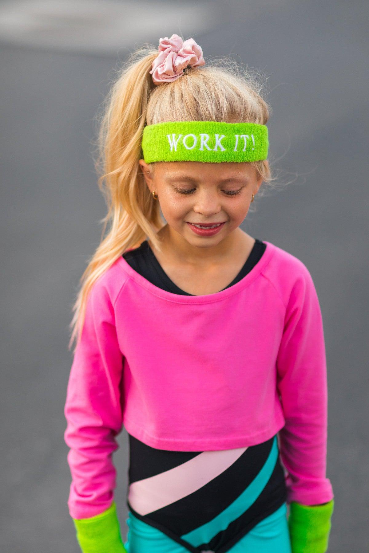 Mom & Me - '80s Workout Costume - COMPLETE SET! - CHILD-2XS-12-18 Months - Toddler girl wearing hot pink cropped sweatshirt and '80s style striped leggings with neon green headband that says 