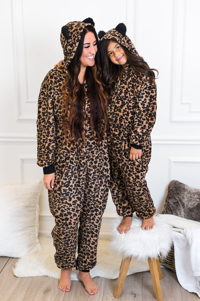 Mom & Me - Cheetah Onesies - CHILD-3XS-6-12 Months - Matching cheetah print onesies with hoods and black cuffs worn by mother and child.