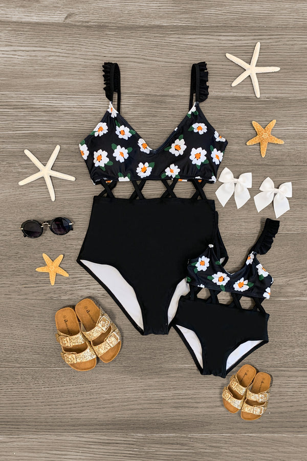 Mom & Me - Black Floral Criss-Cross One Piece Swimsuit - Sparkle in Pink