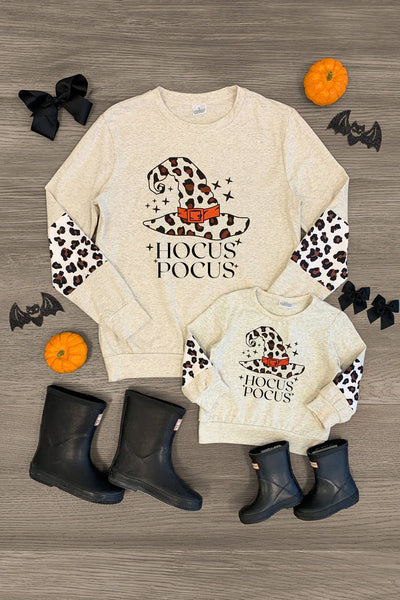 Mom & Me - "Hocus Pocus" Long Sleeve Top - CHILD-2XS-12-18 Months - Cream long sleeve tops with cheetah print witch hat and "Hocus Pocus" text, styled for mom and child.