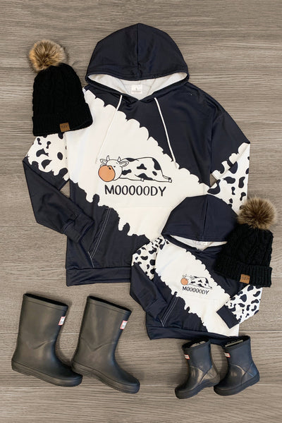 Mom Me Mooooody Cow Print Hoodie Sparkle In Pink