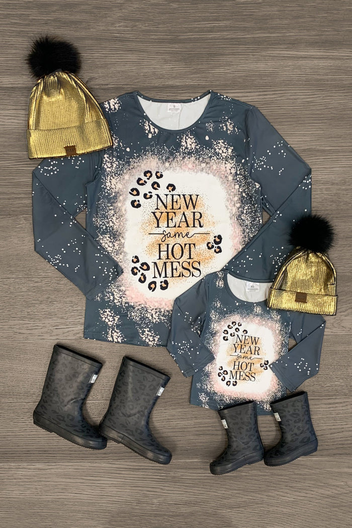 Mom & Me - "New Year Same Hot Mess" Top - CHILD-3XS-6-12 Months - Matching gray long-sleeve tops with "New Year Same Hot Mess" gold cheetah print, paired with gold knit hats with black.