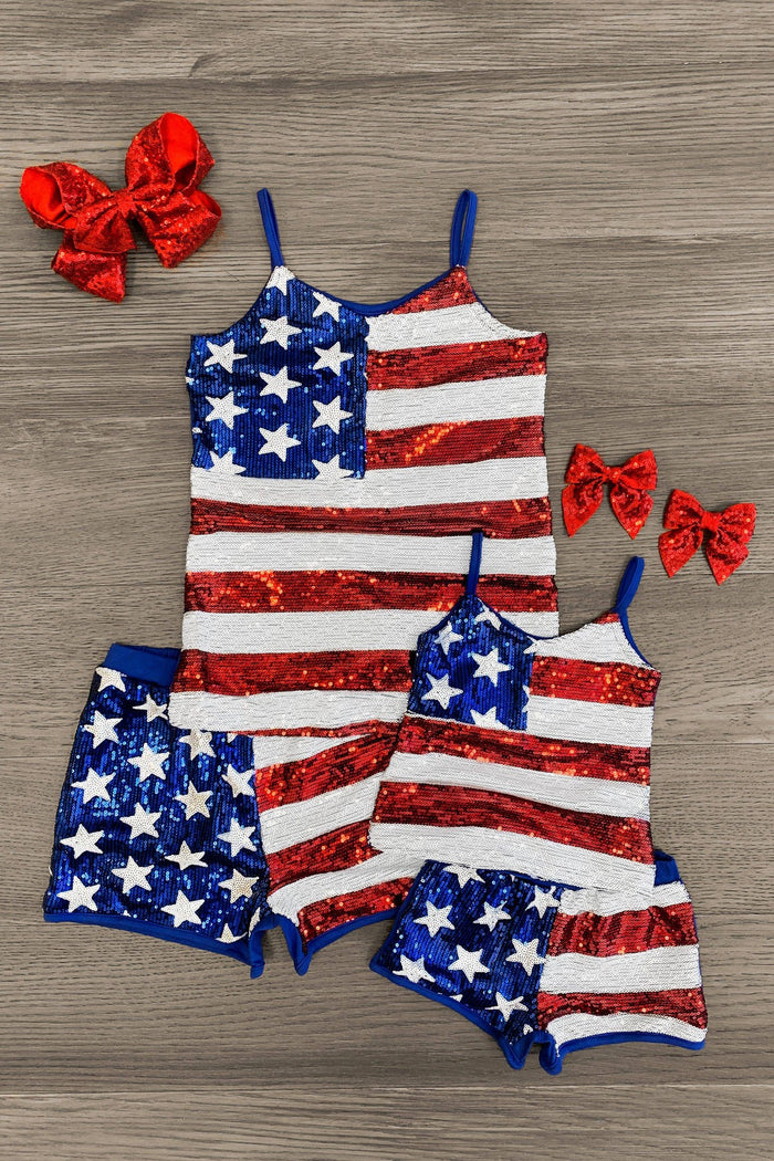 Mom & Me - Patriotic Sequins Tank Short Set - CHILD-3XS-6-12 Months - Mom and child patriotic tank tops and shorts set with American flag sequin design, includes red hair bows.