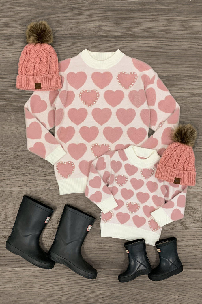 Mom & Me - Pearl Heart Sweater - BABY-0-3 Months-FAMILY - Matching pink and white sweaters with pearl heart patterns in adult and child sizes, paired with black boots and pink knit.