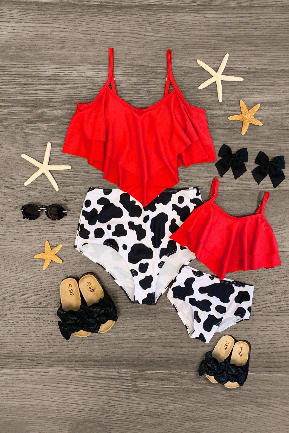 Mom & Me - Red and Cow Print Bikini - Sparkle in Pink